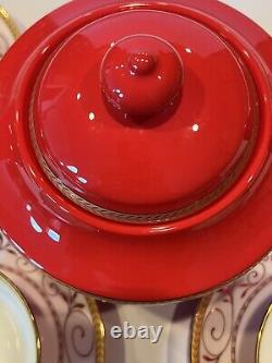 9 Pc Teavana Exclusive Collection Teapot Set Ruby & Gold Filigree Bone China