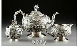 A136 A Kwan Wo Chinese Export Silver Teapot 3 piece set. Late 19th century