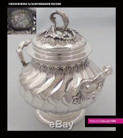 AMAZING ANTIQUE 1880s FRENCH FULL STERLING SILVER TEA POT SET 3 pc Rococo style