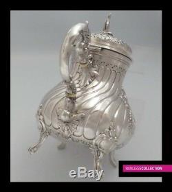 AMAZING ANTIQUE 1890s FRENCH FULL STERLING SILVER TEA POT SET 3 pc Rococo style