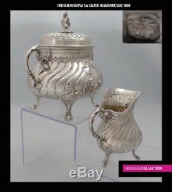 AMAZING ANTIQUE 1890s FRENCH FULL STERLING SILVER TEA POT SET 3 pc Rococo style