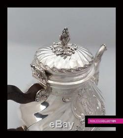 AMAZING ANTIQUE FRENCH STERLING SILVER TEA POT SET 3 pc Rococo style Circa 1880s
