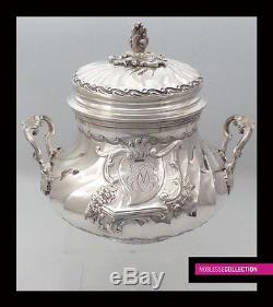 AMAZING ANTIQUE FRENCH STERLING SILVER TEA POT SET 3 pc Rococo style Circa 1880s