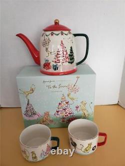 ANTHROPOLOGIE Christmas TEA FOR TWO Garrod Tis the Season Tea Pot Teacups NEW
