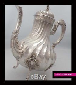 ANTIQUE 1890s FRENCH ALL STERLING SILVER TEA & COFFEE POT SET 4pc Rococo 2233 g