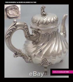 ANTIQUE 1890s FRENCH FULL STERLING SILVER TEA & COFFEE POT SET 4pc Rococo 2233 g