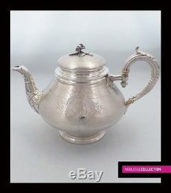 ANTIQUE 1890s FRENCH FULL STERLING SILVER TEA POT SET 3 pc Napoleon III style