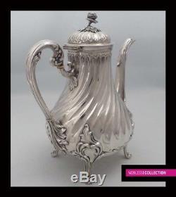 ANTIQUE 1890s FRENCH STERLING SILVER COFFEE TEA POT/SUGAR BOWL/CREAMER SET 3 pc