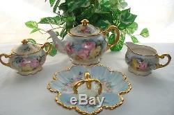 ANTIQUE CABBAGE ROSE LIMOGES TEAPOT SET WithTRAYBY ARTIST M. UTZIG/NO LIMOGE MARK