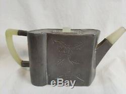 ANTIQUE Chinese Yixing Pewter and Jade Handle Teapot Tea Set Sugar Creamer