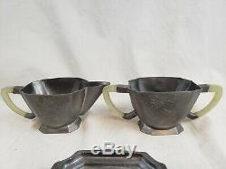 ANTIQUE Chinese Yixing Pewter and Jade Handle Teapot Tea Set Sugar Creamer