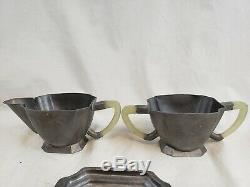 ANTIQUE Chinese Yixing Pewter and Jade Handle Teapot Tea Set Sugar Creamer