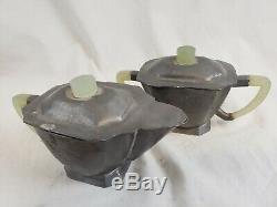 ANTIQUE Chinese Yixing Pewter and Jade Handle Teapot Tea Set Sugar Creamer