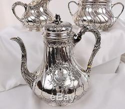 ANTIQUE FRENCH STERLING SILVER TEAPOT OR COFFEE SET 3P Coat of Arms Armorial pot