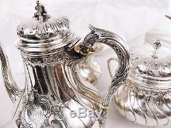 ANTIQUE FRENCH STERLING SILVER TEAPOT OR COFFEE SET 3P Coat of Arms Armorial pot