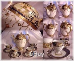 ANTIQUE NIPPON 10p TEA SET TEAPOT CUPS AND SAUCERS COBALT SWAN JEWELED BEADED