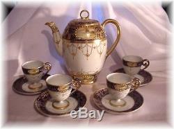 ANTIQUE NIPPON 10p TEA SET TEAPOT CUPS AND SAUCERS COBALT SWAN JEWELED BEADED