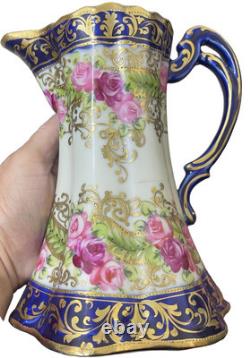 ANTIQUE Nippon Hand-Painted Chocolate Pot Set 6 Cups & Saucer set Gold Gilding