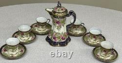 ANTIQUE Nippon Hand-Painted Chocolate Pot Set 6 Cups & Saucer set Gold Gilding