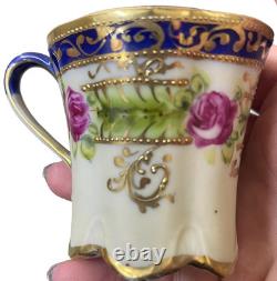 ANTIQUE Nippon Hand-Painted Chocolate Pot Set 6 Cups & Saucer set Gold Gilding