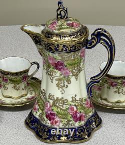 ANTIQUE Nippon Hand-Painted Chocolate Pot Set 6 Cups & Saucer set Gold Gilding