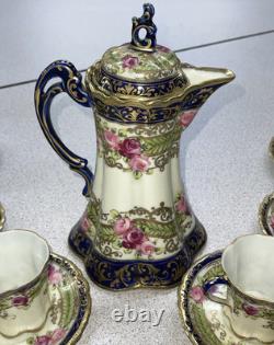 ANTIQUE Nippon Hand-Painted Chocolate Pot Set 6 Cups & Saucer set Gold Gilding