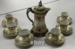 ANTIQUE Nippon Hand-Painted Chocolate Pot Set 6 Cups & Saucer set Gold Gilding