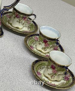 ANTIQUE Nippon Hand-Painted Chocolate Pot Set 6 Cups & Saucer set Gold Gilding