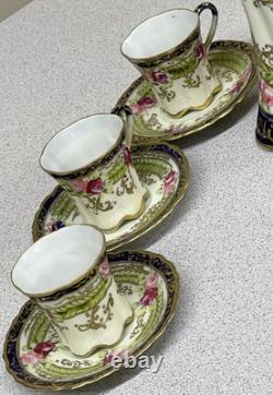 ANTIQUE Nippon Hand-Painted Chocolate Pot Set 6 Cups & Saucer set Gold Gilding