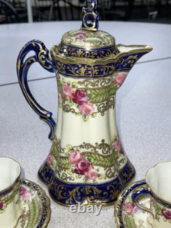 ANTIQUE Nippon Hand-Painted Chocolate Pot Set 6 Cups & Saucer set Gold Gilding