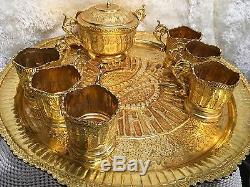 Antique Persian Middle Eastern Hand Made Carving Gold Plated Tea Set 8 Pieces