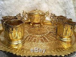 Antique Persian Middle Eastern Hand Made Carving Gold Plated Tea Set 8 Pieces