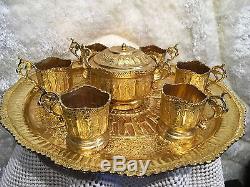Antique Persian Middle Eastern Hand Made Carving Gold Plated Tea Set 8 Pieces