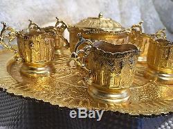 Antique Persian Middle Eastern Hand Made Carving Gold Plated Tea Set 8 Pieces