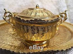 Antique Persian Middle Eastern Hand Made Carving Gold Plated Tea Set 8 Pieces