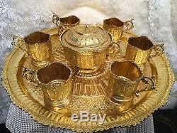 Antique Persian Middle Eastern Hand Made Carving Gold Plated Tea Set 8 Pieces