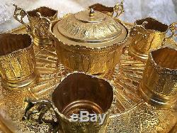 Antique Persian Middle Eastern Hand Made Carving Gold Plated Tea Set 8 Pieces