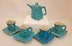 Abstract Studio Art Pottery Tea Set Teapot 4 Cups Saucers Cubist Artist Signed