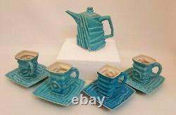Abstract studio art pottery tea set teapot 4 cups saucers cubist artist signed