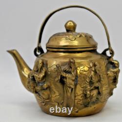 Aged Hand-Cast Brass Sculptural Personal Teapot with The Eight Daoist Immortals
