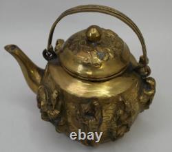 Aged Hand-Cast Brass Sculptural Personal Teapot with The Eight Daoist Immortals