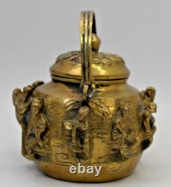 Aged Hand-Cast Brass Sculptural Personal Teapot with The Eight Daoist Immortals