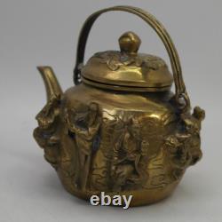 Aged Hand-Cast Brass Sculptural Personal Teapot with The Eight Daoist Immortals