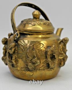 Aged Hand-Cast Brass Sculptural Personal Teapot with The Eight Daoist Immortals