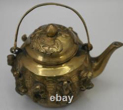 Aged Hand-Cast Brass Sculptural Personal Teapot with The Eight Daoist Immortals