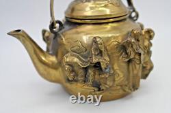 Aged Hand-Cast Brass Sculptural Personal Teapot with The Eight Daoist Immortals