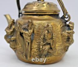 Aged Hand-Cast Brass Sculptural Personal Teapot with The Eight Daoist Immortals