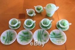 Akro Agate Child Tea Set Green Emerald Tea Pot Cream Sugar Plates Cups Saucers