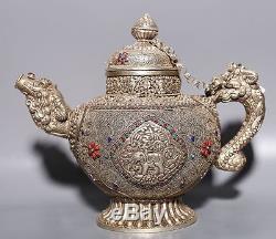 Amazing Rare Antique Chinese Old Sterling Silver Dragon Teapot A21