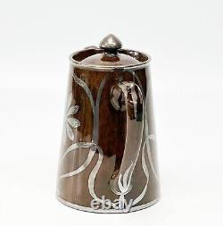 American Porcelain Tea or Coffee Pot with Silver Overlay Brown Glaze c. 1930